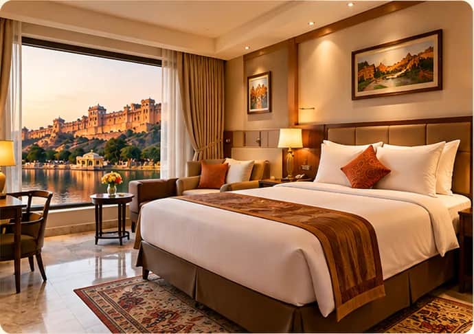 Illustrative warm hotel room with a comfortable bed